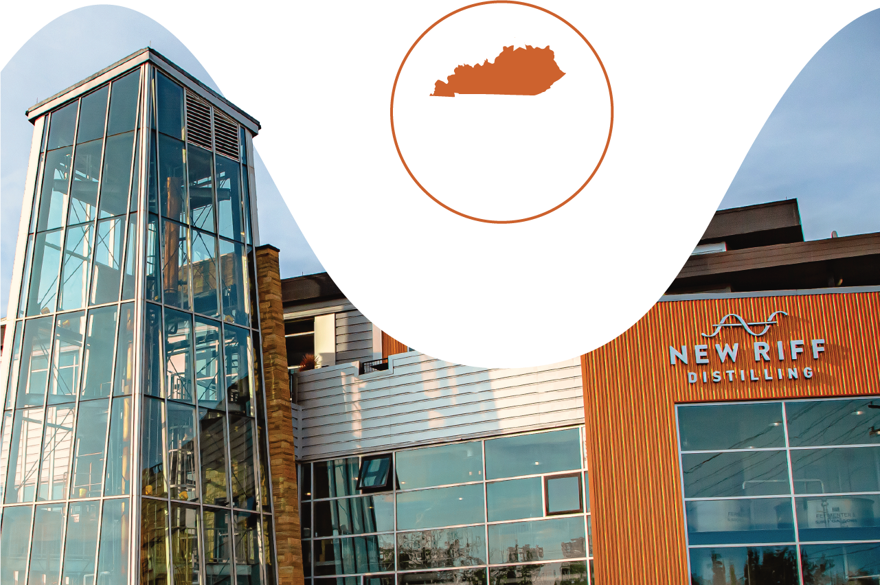 A graphic of the New Riff Distillery exterior with a badge that says "Proudly distilling in Northern Kentucky"