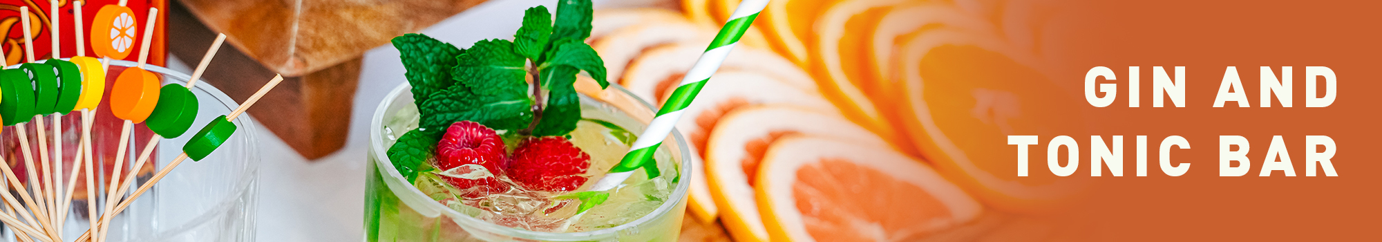 Gin and Tonic Bar. Orange slices, cocktail stirrers and green cocktail with raspberries, mint and green and white striped straw.